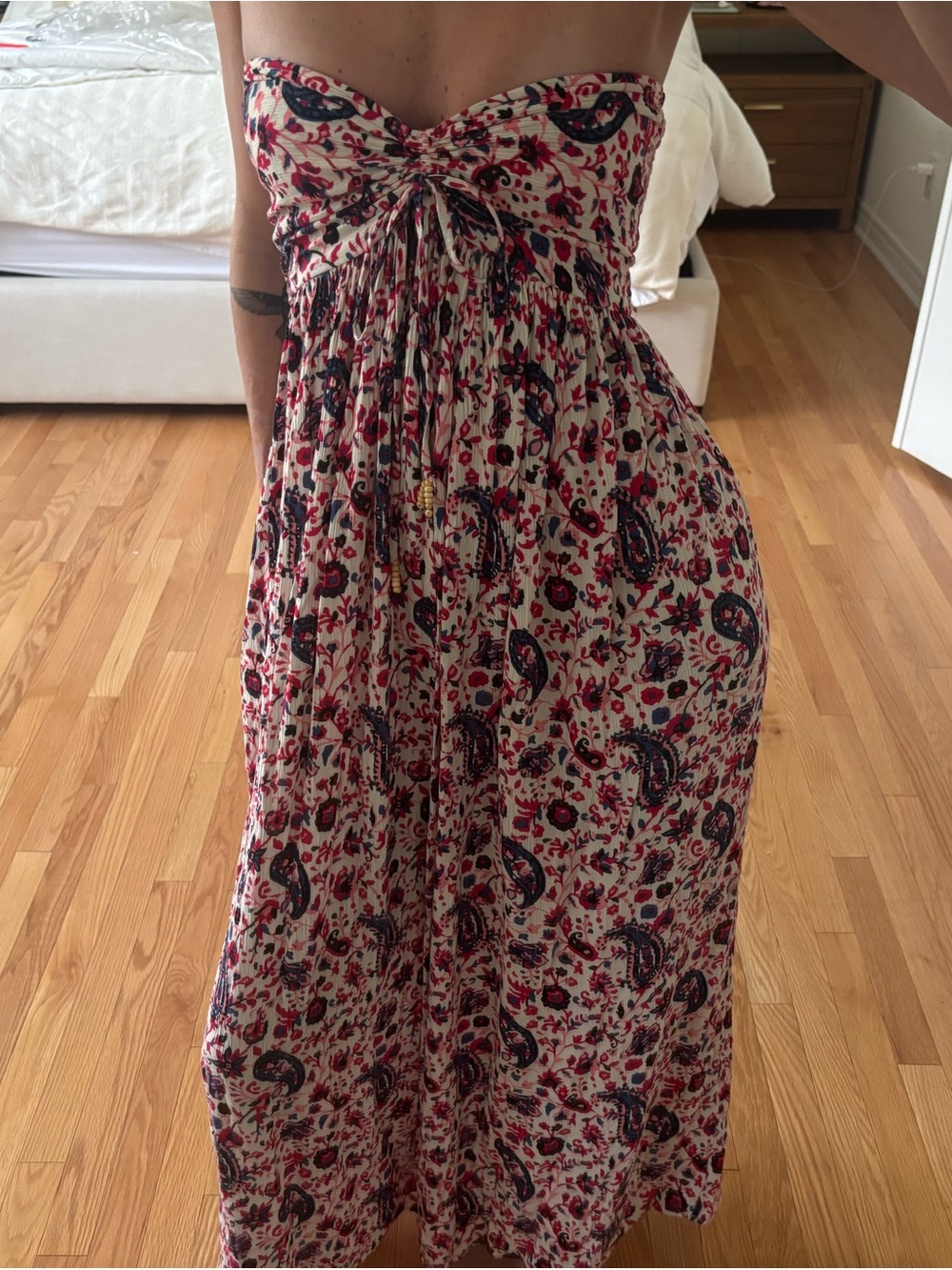 Zara Cream Strapless Maxi dress with Pink & Navy Paisley